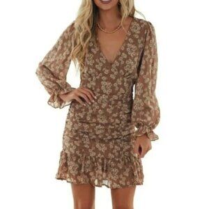She + Sky Mocha Sofie Ruched Bubble Sleeve Dress